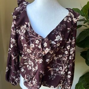 Max Studio Floral Ruffle Blouse in Rich Burgundy
